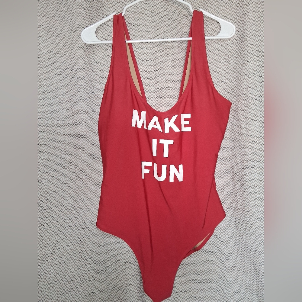 Red Graphic One-Piece Swimsuit - "MAKE IT FUN"